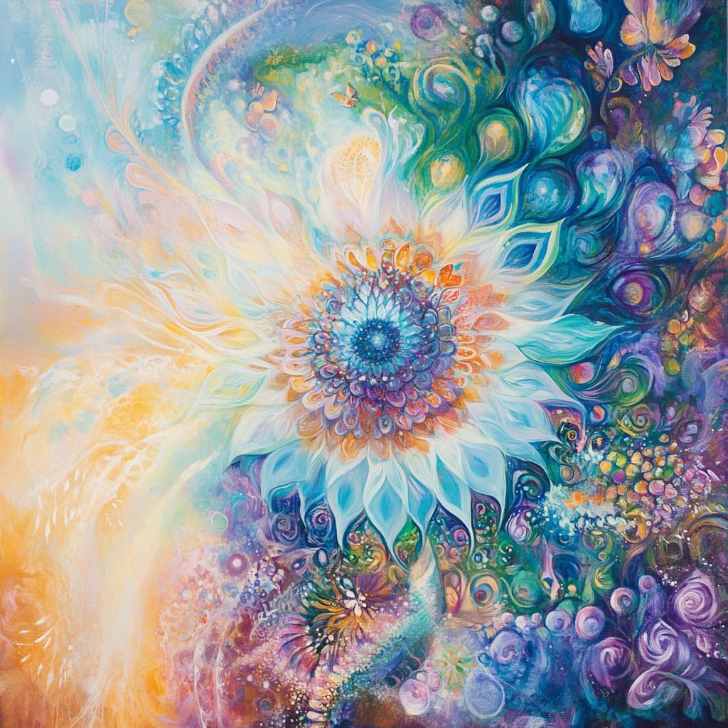Sacred mandala with cosmic spirals, lotus petals, and vibrant colors representing transformation, new beginnings, and diverse spiritual blossoming