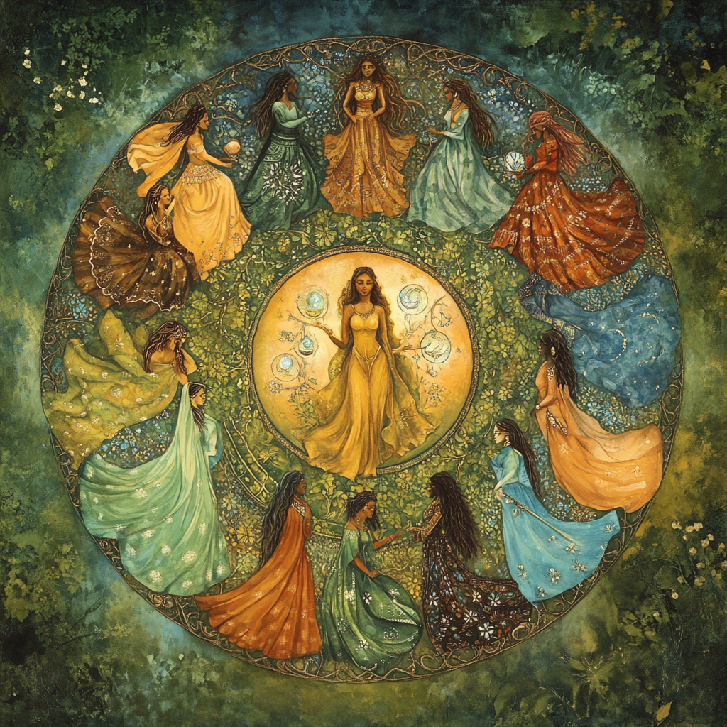 Sacred circle of diverse goddess figures from global mythologies, illuminated by divine light representing universal feminine wisdom
